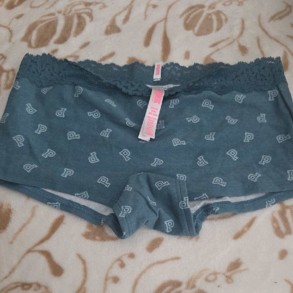 PINK Victoria's Secret Blue-Gray Lace-Trim Boyshorts